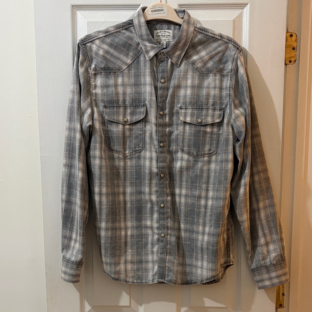 Lucky Brand Men's Gray and White Plaid Button Down Shirt